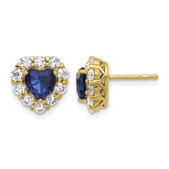 14k 1 1/3 carat Lab Grown Diamond VS/SI+ G+ and Created Sapphire Complete Halo Heart Post Earrings