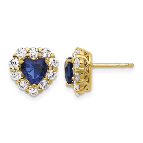 14K Yellow Gold 1.33 Carat Lab Grown Diamond VS SI+ G+ and Created Sapphire Complete Halo Heart Post Earrings