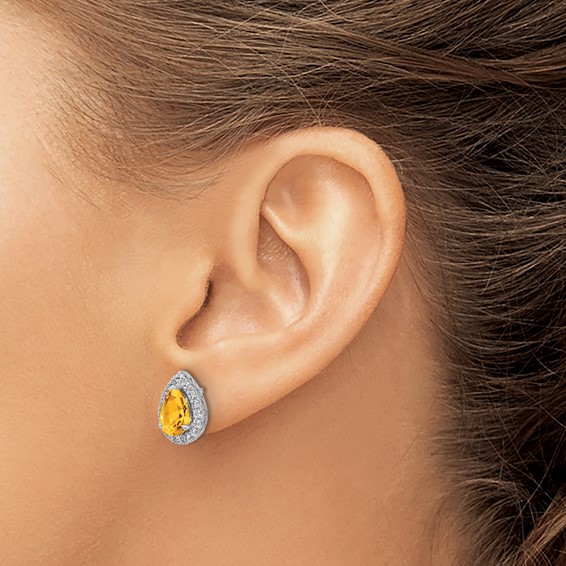14K White Gold Lab Grown VS/SI FGH Dia and Citrine Pear Post Earrings