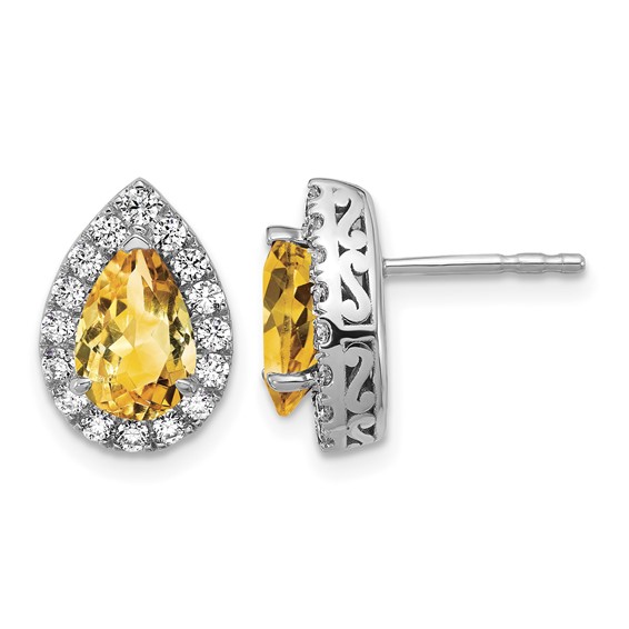 14K White Gold Lab Grown VS/SI FGH Dia and Citrine Pear Post Earrings