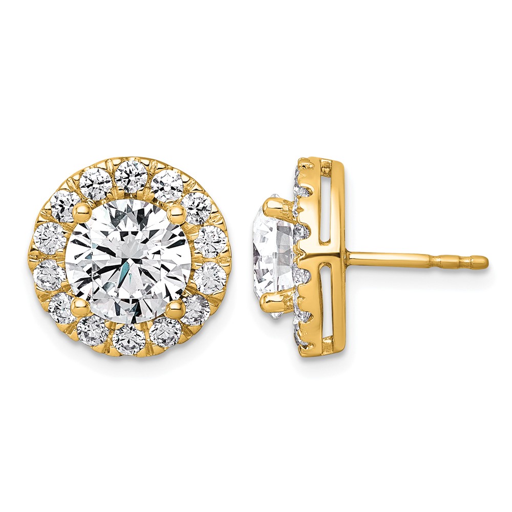 14K Yellow Gold 5 Carat Lab Grown Diamond VS+ F+ Round Complete Halo Post Earrings