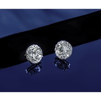 14K White Gold 5 Carat Lab Grown Diamond VS+ F+ Round Complete Halo Post Earrings view 4