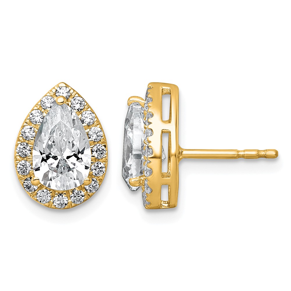 14K Yellow Gold 2.38 Carat Lab Grown Diamond VS+ F+ Complete Pear Halo Post Earrings