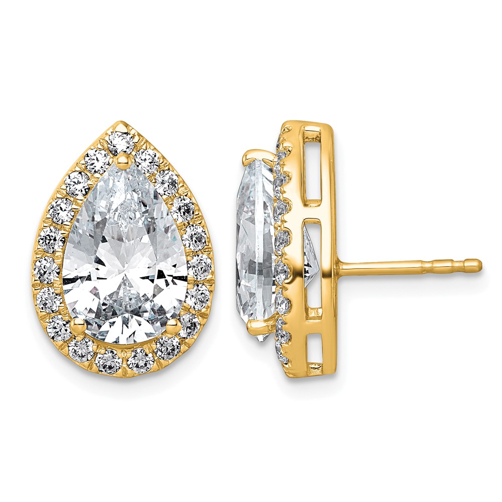 14K Yellow Gold 6.75 Carat Lab Grown Diamond VS+ F+ Complete Pear Halo Post Earrings
