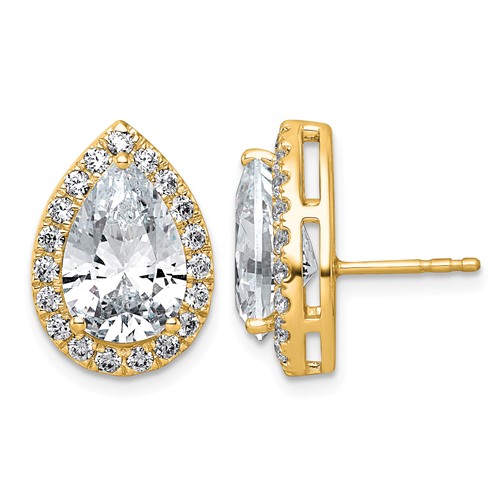 14K Yellow Gold 6.75 Carat Lab Grown Diamond VS+ F+ Complete Pear Halo Post Earrings