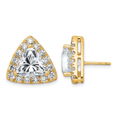 14K Yellow Gold 7.75 Carat Lab Grown Diamond VS+ F+ Complete Trillion Halo Post Earrings