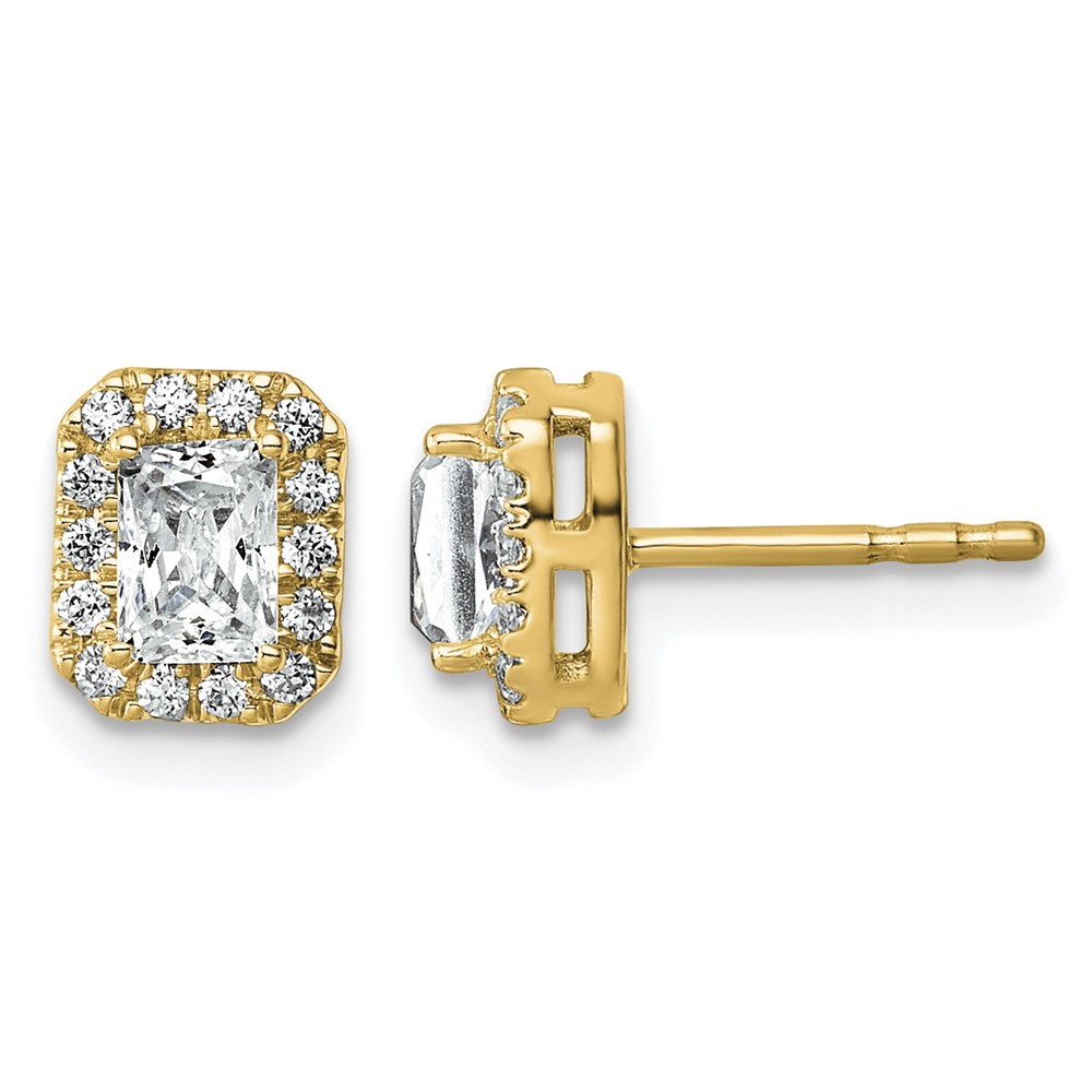 14K Yellow Gold 0.88 Carat Lab Grown Diamond VS+ F+ Complete Emerald Halo Post Earrings