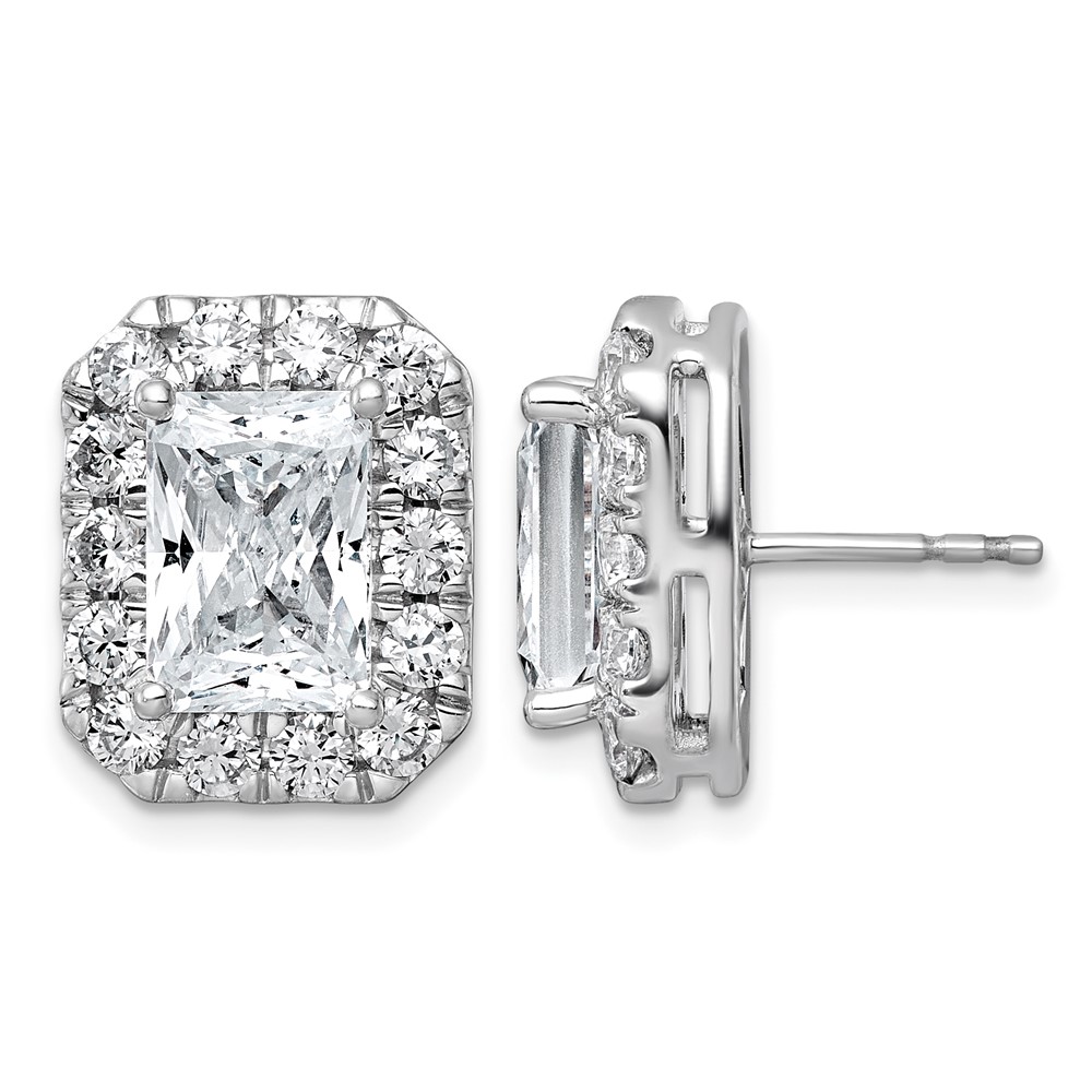 14K White Gold 7 Carat Lab Grown Diamond VS+ F+ Complete Emerald Halo Post Earrings