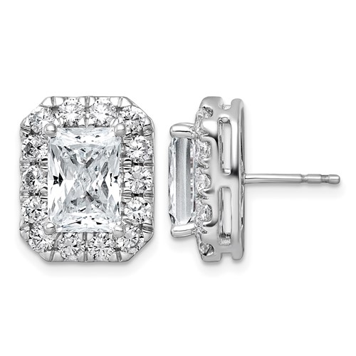 14K White Gold 7 Carat Lab Grown Diamond VS+ F+ Complete Emerald Halo Post Earrings