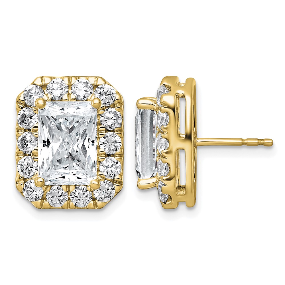 14K Yellow Gold 7 Carat Lab Grown Diamond VS+ F+ Complete Emerald Halo Post Earrings