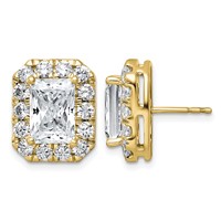 14K Yellow Gold 7 Carat Lab Grown Diamond VS+ F+ Complete Emerald Halo Post Earrings view 1
