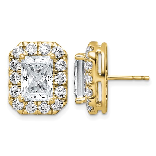 14K Yellow Gold 7 Carat Lab Grown Diamond VS+ F+ Complete Emerald Halo Post Earrings