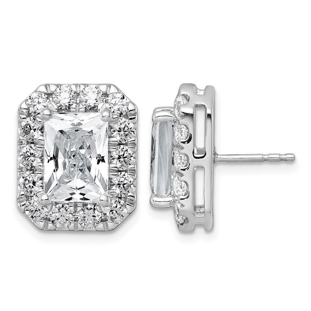 14K White Gold 8.62 Carat Lab Grown Diamond VS+ F+ Complete Emerald Halo Post Earrings