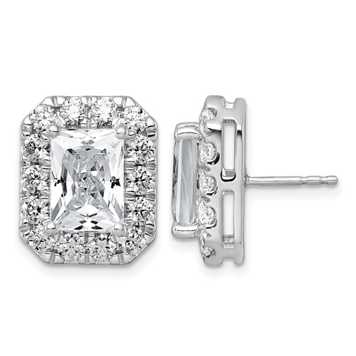 14K White Gold 8.62 Carat Lab Grown Diamond VS+ F+ Complete Emerald Halo Post Earrings