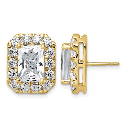 14K Yellow Gold 8.62 Carat Lab Grown Diamond VS+ F+ Complete Emerald Halo Post Earrings