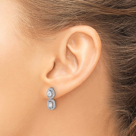 14k White Gold 7/8 carat Lab Grown Diamond VS/SI+ G+ Complete Two Stone Dangle Halo Post Earrings