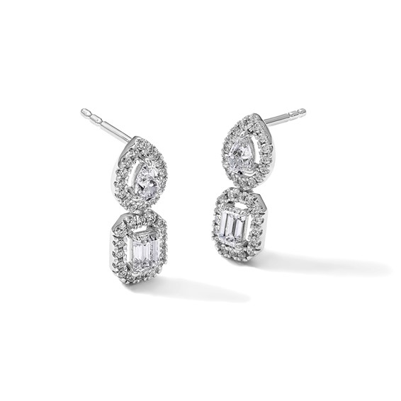 14k White Gold 7/8 carat Lab Grown Diamond VS/SI+ G+ Complete Two Stone Dangle Halo Post Earrings