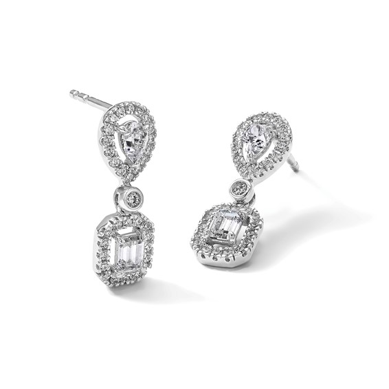 14k White Gold 1 carat Lab Grown Diamond VS/SI+ G+ Complete Two Stone Dangle Halo Post Earrings