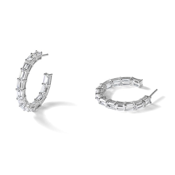 14k White Gold 6 1/2 carat Lab Grown Diamond VS/SI+ G+ Emerald Complete In and Out Hoop Earrings