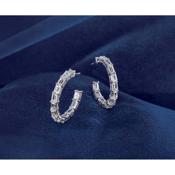 14k White Gold 6 1/2 carat Lab Grown Diamond VS/SI+ G+ Emerald Complete In and Out Hoop Earrings