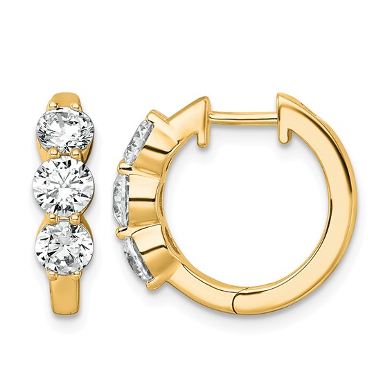 True Origin 14K Yellow Gold 1 7/8 carat Lab Grown Diamond VS+ F+ Three Stone Hinged Hoop Complete Earrings