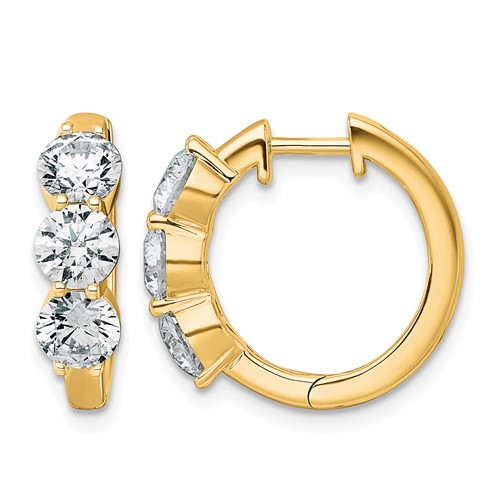 True Origin 14K Yellow Gold 3 Carat Lab Grown Diamond VS+ F+ Three Stone Hinged Hoop Complete Earrings