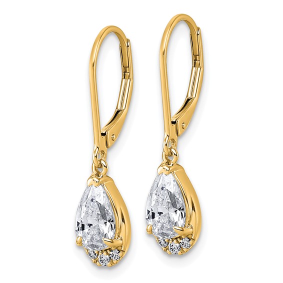 Gold Diamond Dangle Pear Leaverback Earrings