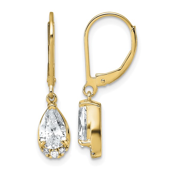 Gold Diamond Dangle Pear Leaverback Earrings