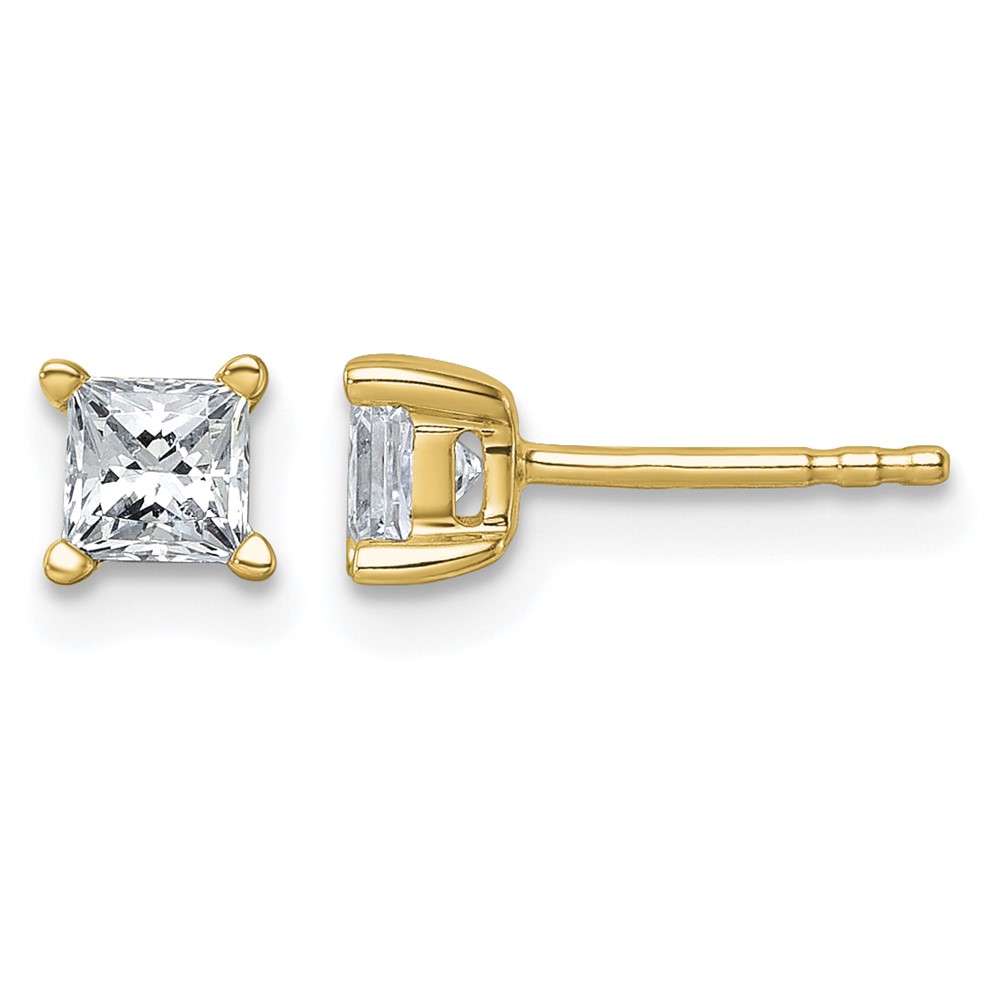 True Origin 14K Yellow Gold 0.75 Carat Lab Grown Diamond VS+ F+ Princess Four Prong Heavy Weight Complete Stud Earrings