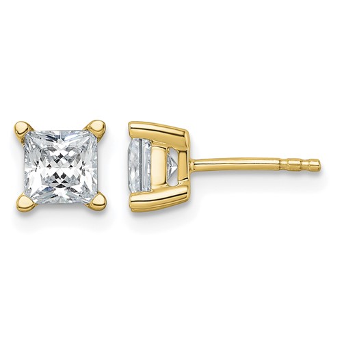 True Origin 14K Yellow Gold 1.50 Carat Lab Grown Diamond VS+ F+ Princess Four Prong Heavy Weight Complete Stud Earrings