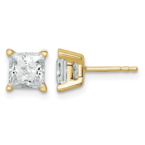 True Origin 14K Yellow Gold 2 Carat Lab Grown Diamond VS+ F+ Princess Four Prong Heavy Weight Complete Stud Earrings