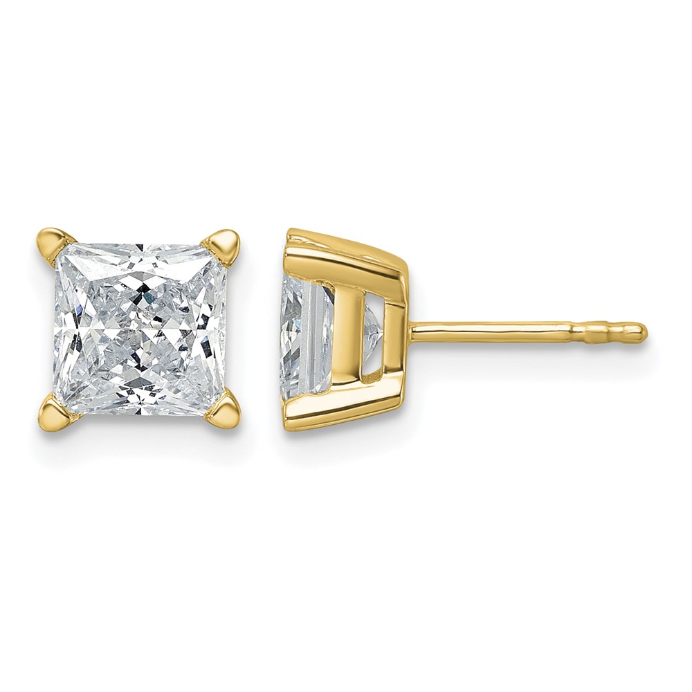 True Origin 14K Yellow Gold 3 Carat Lab Grown Diamond VS+ F+ Princess Four Prong Heavy Weight Complete Stud Earrings