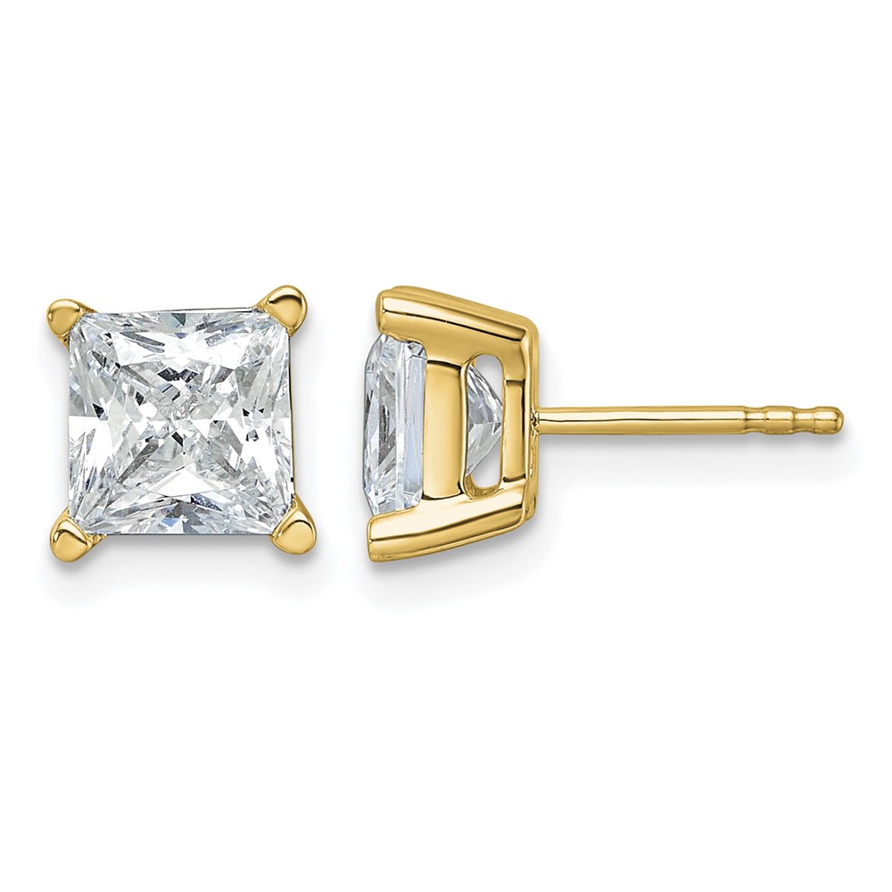 True Origin 14K Yellow Gold 4 Carat Lab Grown Diamond VS+ F+ Princess Four Prong Heavy Weight Complete Stud Earrings