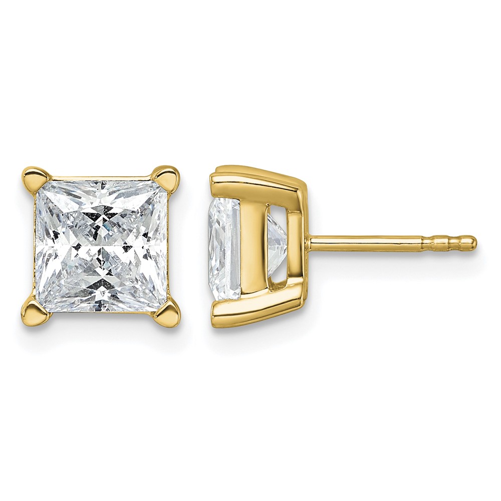 True Origin 14K Yellow Gold 5 Carat Lab Grown Diamond VS+ F+ Princess Four Prong Heavy Weight Complete Stud Earrings