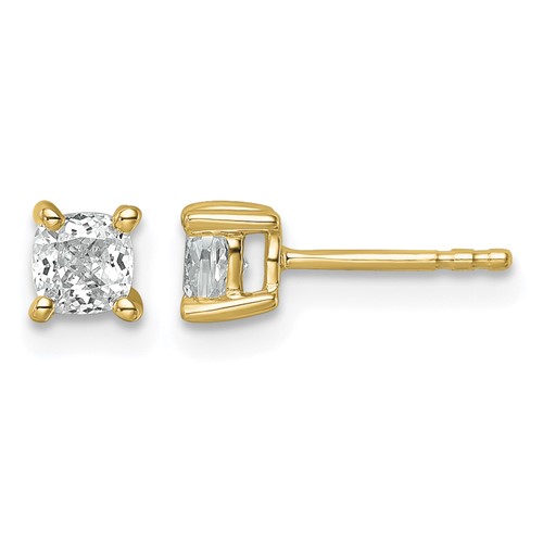 True Origin 14K Yellow Gold 0.75 Carat Lab Grown Diamond VS+ F+ Cushion Four Prong Heavy Weight Complete Stud Earrings
