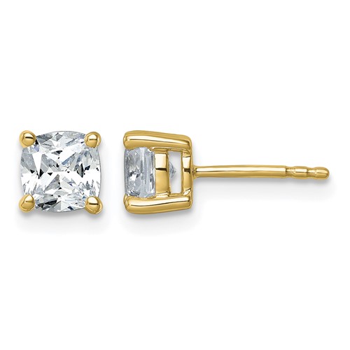 True Origin 14K Yellow Gold 1.50 Carat Lab Grown Diamond VS+ F+ Cushion Four Prong Heavy Weight Complete Stud Earrings