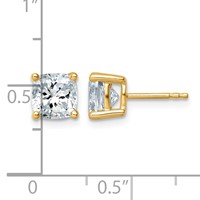 True Origin 14K Yellow Gold 3 Carat Lab Grown Diamond VS+ F+ Cushion Four Prong Heavy Weight Complete Stud Earrings view 4