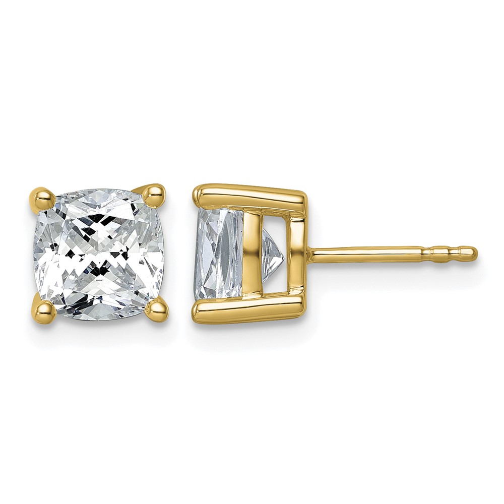 True Origin 14K Yellow Gold 4 Carat Lab Grown Diamond VS+ F+ Cushion Four Prong Heavy Weight Complete Stud Earrings