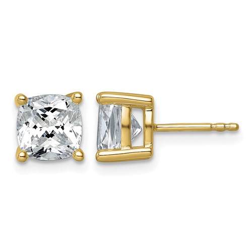 True Origin 14K Yellow Gold 4 Carat Lab Grown Diamond VS+ F+ Cushion Four Prong Heavy Weight Complete Stud Earrings