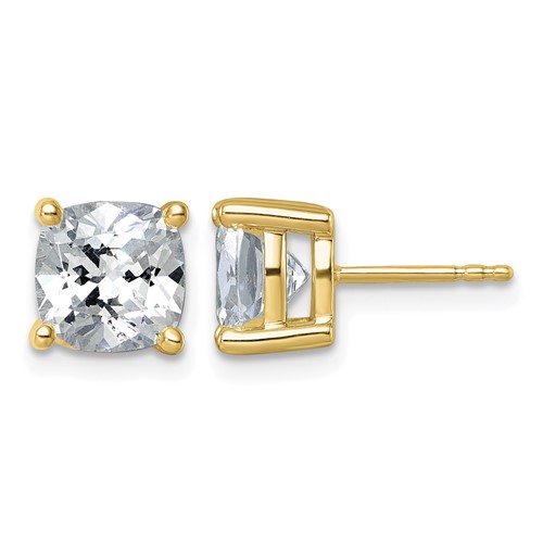 True Origin 14K Yellow Gold 5 Carat Lab Grown Diamond VS+ F+ Cushion Four Prong Heavy Weight Complete Stud Earrings