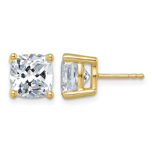 True Origin 14K Yellow Gold 6 Carat Lab Grown Diamond VS+ F+ Cushion Four Prong Heavy Weight Complete Stud Earrings
