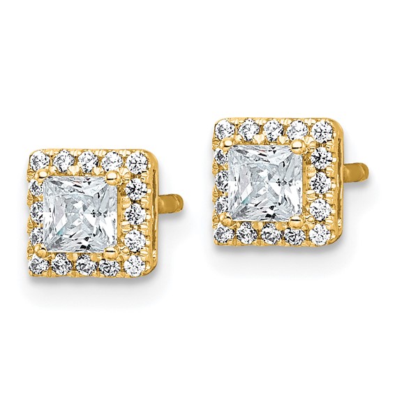Gold Diamond Princess-Cut Halo Earrings