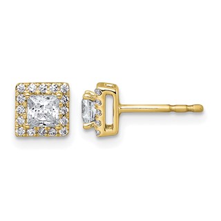 Gold Diamond Princess-Cut Halo Earrings