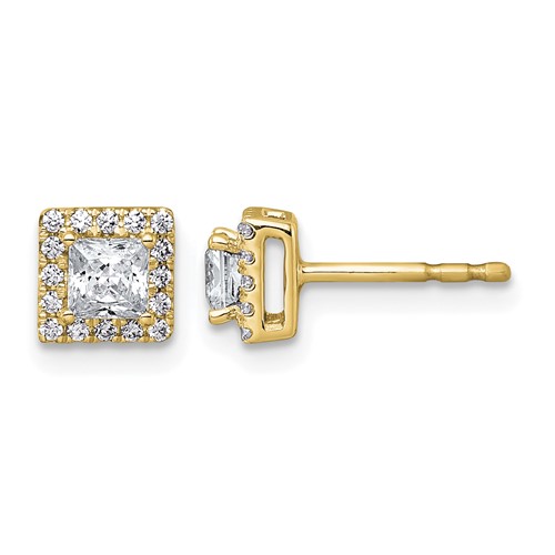 14K Yellow Gold 0.62 Carat Lab Grown Diamond VS+ F+ Complete Princess Halo Post Earrings