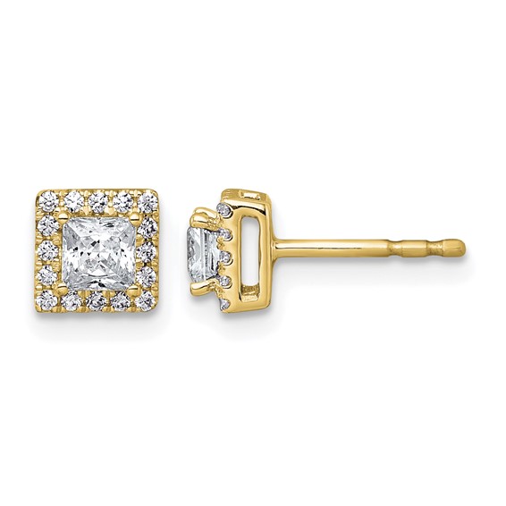 Gold Diamond Princess-Cut Halo Earrings