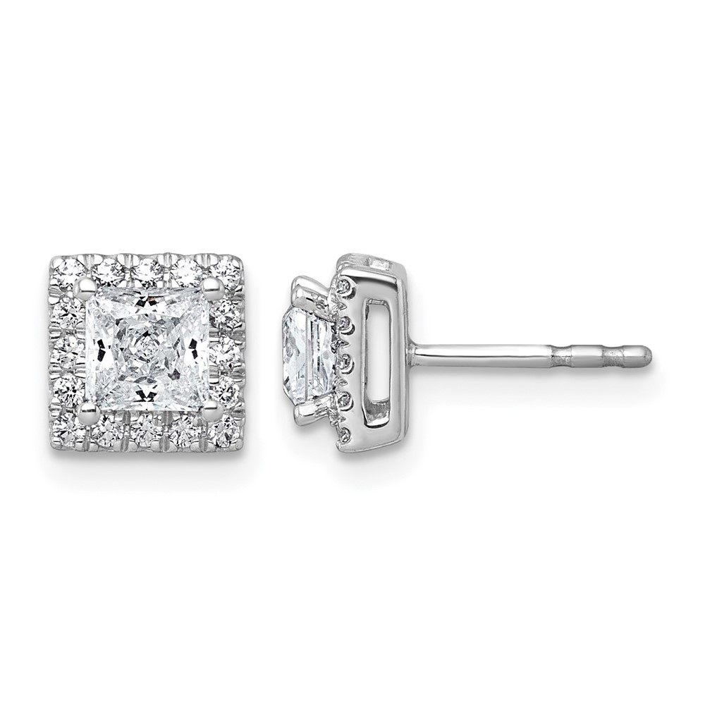 14K White Gold 1.33 Carat Lab Grown Diamond VS+ F+ Complete Princess Halo Post Earrings
