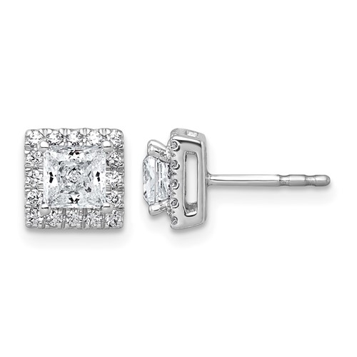 14K White Gold 1.33 Carat Lab Grown Diamond VS+ F+ Complete Princess Halo Post Earrings