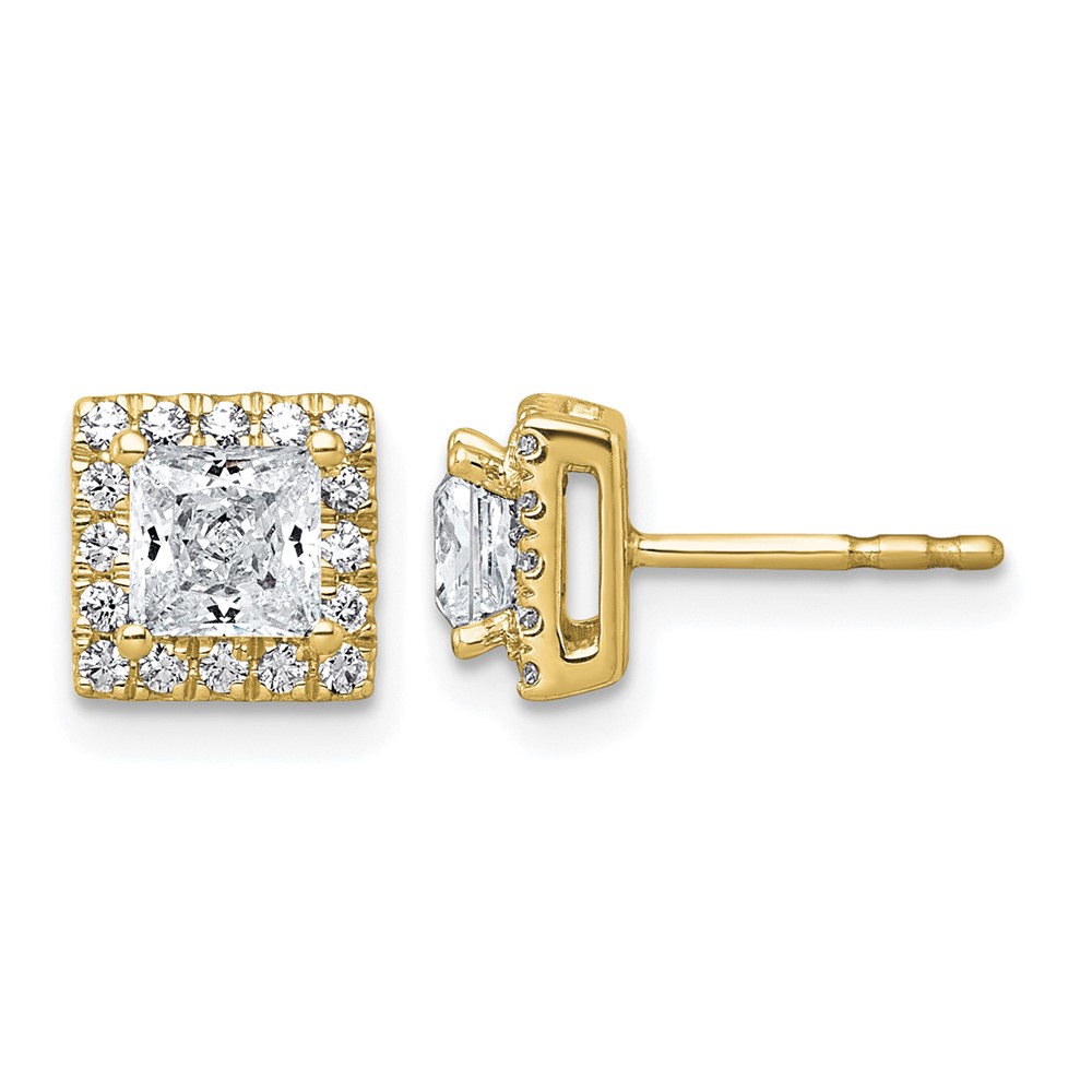 14K Yellow Gold 1.33 Carat Lab Grown Diamond VS+ F+ Complete Princess Halo Post Earrings