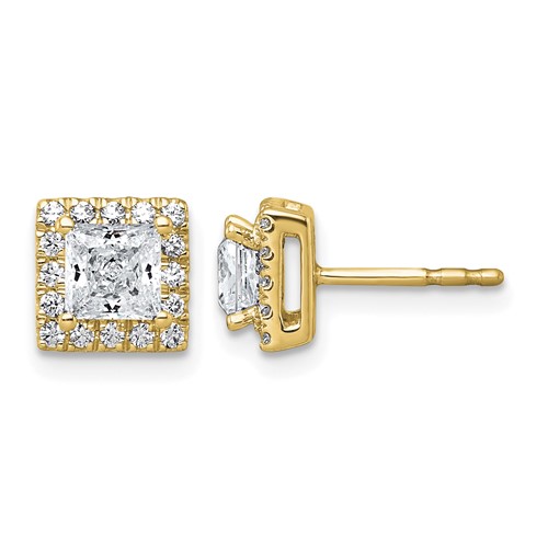 14K Yellow Gold 1.33 Carat Lab Grown Diamond VS+ F+ Complete Princess Halo Post Earrings
