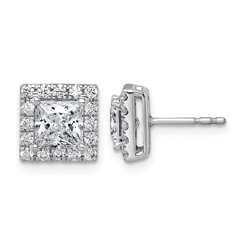 14K White Gold 2.50 Carat Lab Grown Diamond VS+ F+ Complete Princess Halo Post Earrings